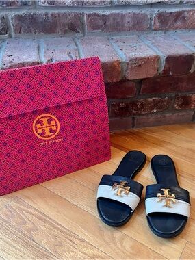 Tory Burch Navy & Cream Everly Leather Slide Sandals
